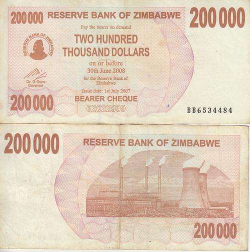 ZIMBABWE BEARER CHEQUE 200000 DOLLARS P49 VF