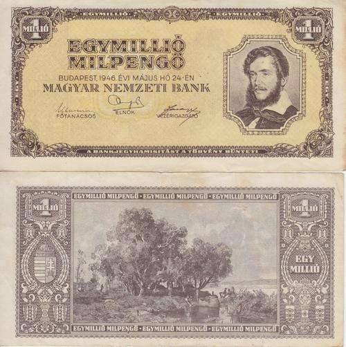 POST WORLD WAR II INFLATIONARY ERA - HUNGARY 1,000,000 PENGO 1946 P128 VF