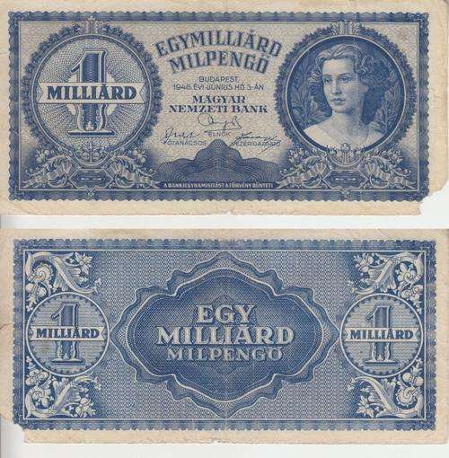 POST WORLD WAR II INFLATIONARY ERA - HUNGARY 1 MILLIARD PENGO 1946 P131 F