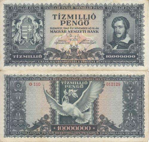 POST WORLD WAR II INFLATIONARY ERA - HUNGARY 10,000,000 PENGO 1945 P123 VF