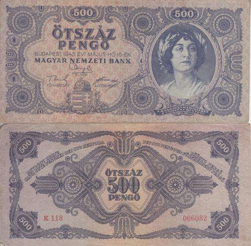 HUNGARY 500 PENGO 1945  P117 VF
