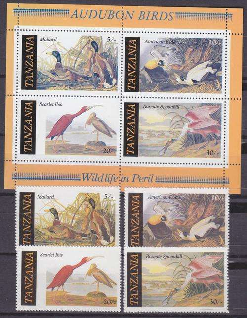 BEAUTIFUL THEMATIC MINIATURE SHEET & 4 STAMP SET - BIRDS - TANZANIA MNH