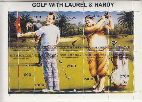 BEAUTIFUL THEMATIC MINIATURE SHEET - GOLF WITH LAUREL & HARDY - RUSSIAN STATES