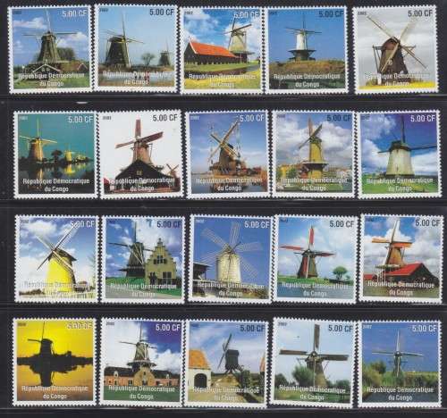20 BEAUTIFUL THEMATIC STAMPS - WINDMILLS - CONGO