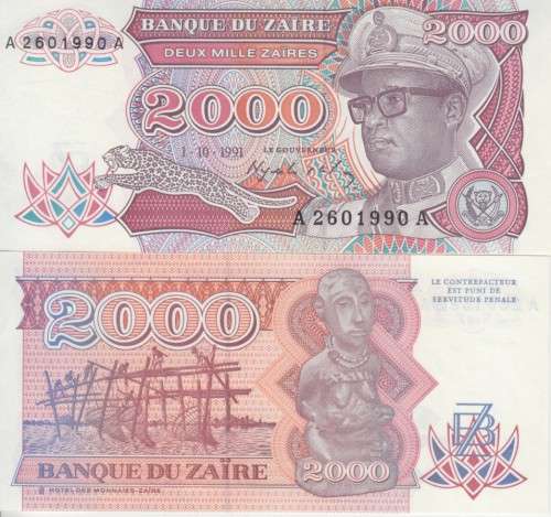 Zaire, 2000 Zaires, 1991, P-36, UNC