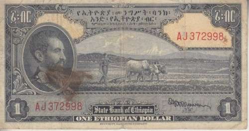 ETHIOPIA 1 DOLLAR 1945 P12 EMPEROR HAILE SELASSIE - F