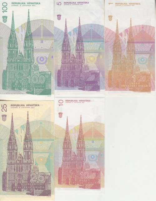 CROATIA SET OF 5 - 1, 5, 10, 25, 100 DINARA UNC