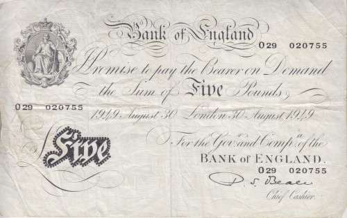 GREAT BRITAIN WHITE NOTE £5 1949 LONDON P344 F