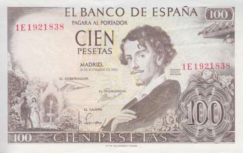 SPAIN 100 PESETAS 1965 P150 XF