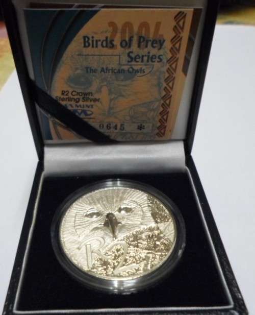 BIRDS OF PREY SOUTH AFRICAN OWLS - 2004 SOUTH AFRICA R2 SILVER 1 oz COIN IN ORIGINAL S.A.MINT BOX