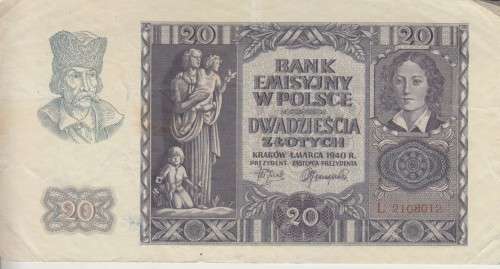 WORLD WAR 2 - POLAND 20 ZLOTYCH 1940 P95 VF