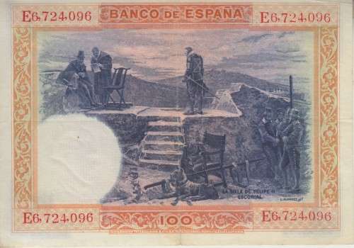 SPAIN 100 PESETAS 1936 P69c REPUBLIC ISSUE VF