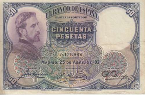 SPAIN 50 PESETAS 1931 P82 VF