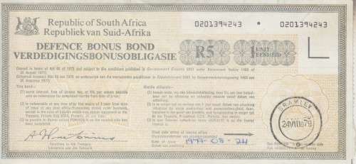 SOUTH AFRICA - DEFENCE BONUS BOND/VERDEDIGINGSBONUSOBLIGASIE R5 - BRAMLEY 1979/08/24