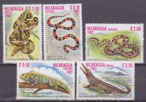 5 BEAUTIFUL THEMATIC STAMPS - REPTILES - NICARAGUA