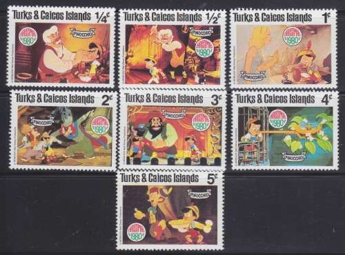 7 TURKS AND CAICUS ISLANDS DISNEY STAMPS - PINOCCHIO - CHRISTMAS 1980 - MINT