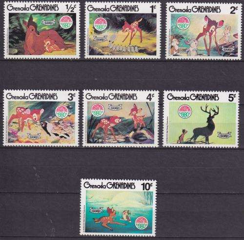 7 DISNEY STAMPS - BAMBI - CHRISTMAS 1980 - GRENADA GRENADINES