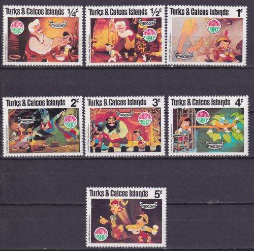 7  DISNEY STAMPS - CHRISTMAS 1980 - PINOCCIO - TURKS and CAICOS ISLANDS