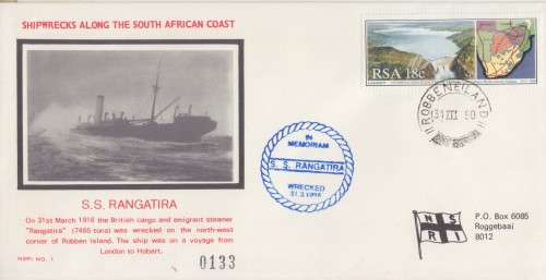 SALE!!!  SOUTH AFRICA NUMBERED COVER 1990 - SHIPWRECKS - S.S.RANGATIRA - POSTMARK: ROBBEN ISLAND
