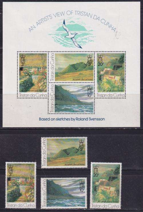 TRISTAN DA CUNHA MINISHEET and STAMP SET - 1976 Landscape Paintings by Roland Svensson