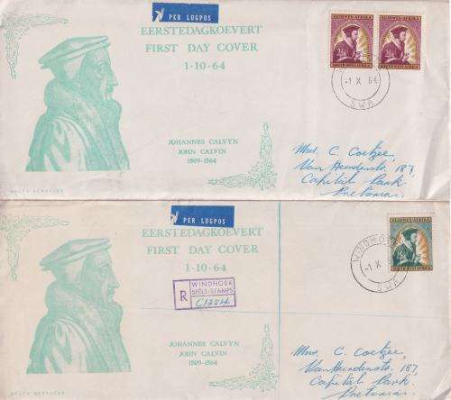 2 X SOUTH WEST AFRICA FDC`S - 1964 - 400TH ANNIVERSARY OF JOHN CALVIN