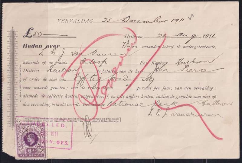 UNIQUE DOCUMENT! 1911 PROOF OF DEBT - CANCELLED: HEILBRON - 6d NATAL KING EDWARD (PERFIN-VERNIETIGD)