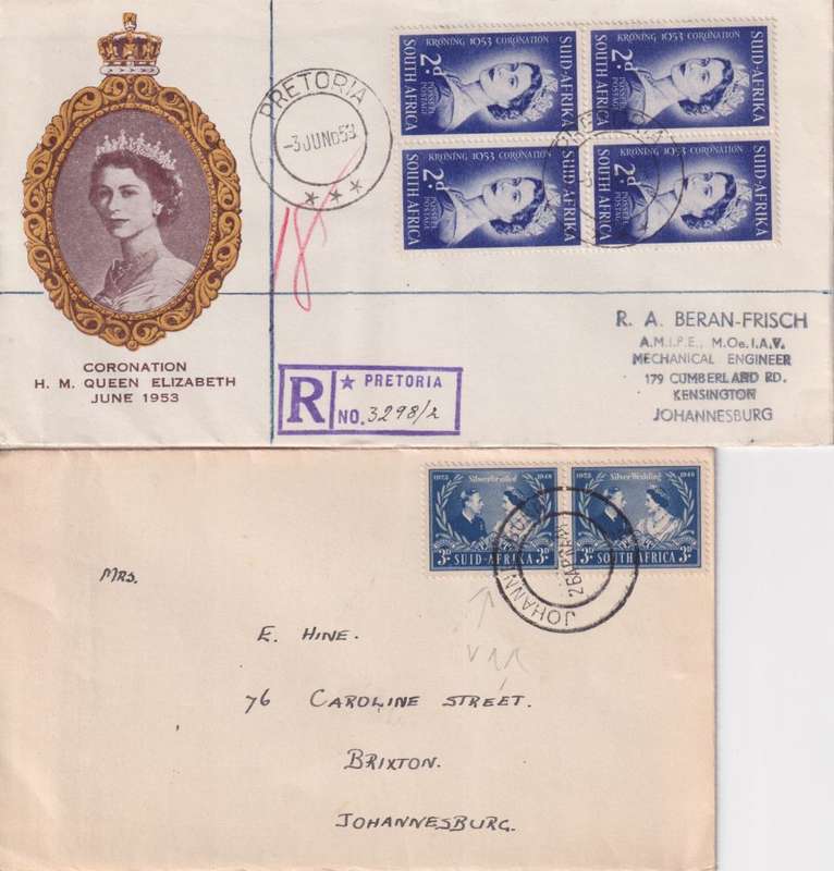 STARTING AT R10! 2 X UNION OF SA FDC`S - SILVER JUBILEE 1948 & QUEEN ELIZABETH II CORONATION 1953