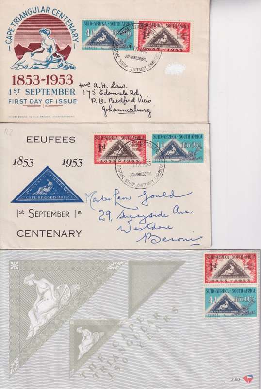 STARTING AT R10!! UNION OF SA FDC`S - CENTENARY OF THE CAPE TRIANGULAR STAMPS 1953