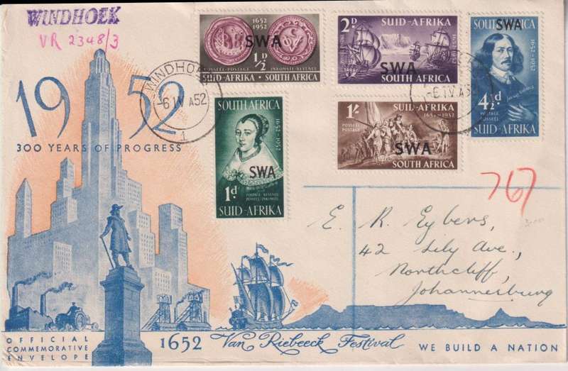STARTING AT R10!!  SOUTH WEST AFRICA - VAN RIEBEECK OVERPRINTED STAMPS ON FDC