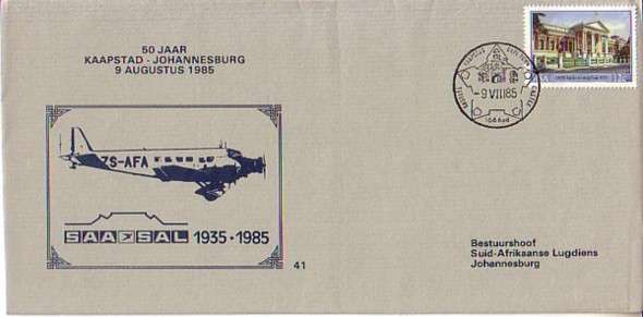 SOUTH AFRICAN AIRWAYS FLIGHT COVER #41 - 50 YEARS KAAPSTAD - JOHANNESBURG 1935 - 1985