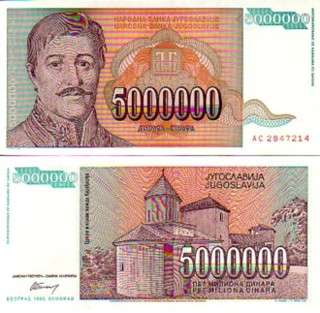 YUGOSLAVIA 5,000,000 DINARA P 132 AU-UNC 1993