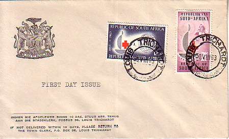 SOUTH AFRICA FDC - 1963 - CENTENARY OF RED CROSS. OFFICIAL ENVELOPE: TOWN CLERK, LOUIS TRICHARDT