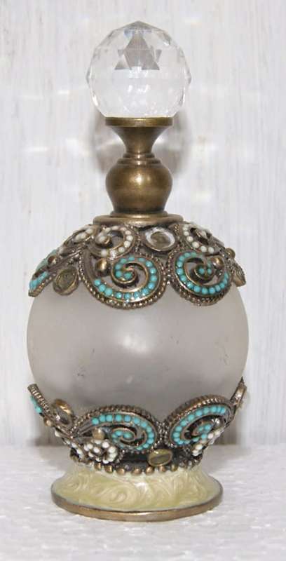 Crystal topped Metal and Enamel Perfume Bottle
