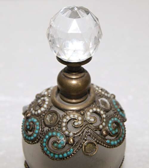 Crystal topped Metal and Enamel Perfume Bottle