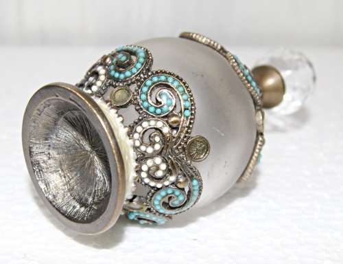 Crystal topped Metal and Enamel Perfume Bottle