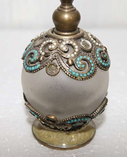 Crystal topped Metal and Enamel Perfume Bottle