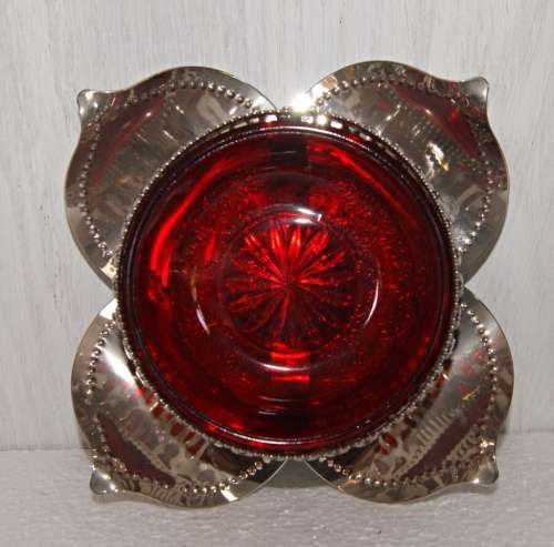 *REDUCED* Pierced and Etched Metal and Red Glass Bowl