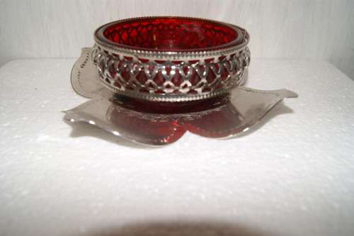 *REDUCED* Pierced and Etched Metal and Red Glass Bowl