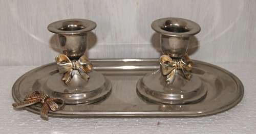 EPNS candlesticks with bow motif on tray