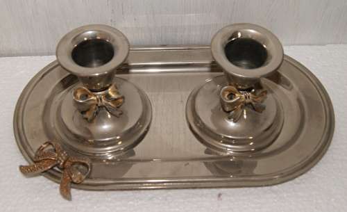 EPNS candlesticks with bow motif on tray