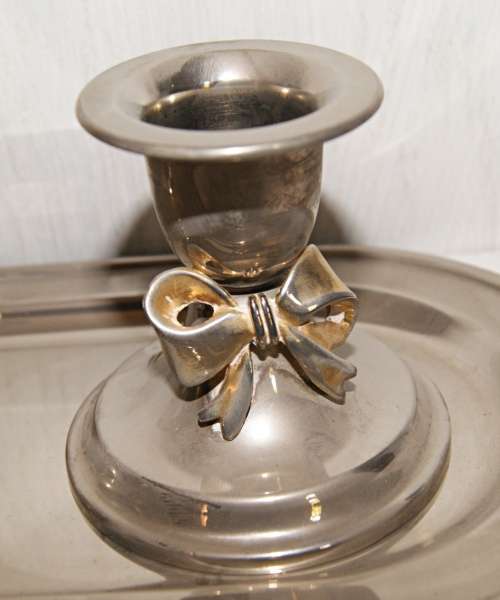EPNS candlesticks with bow motif on tray