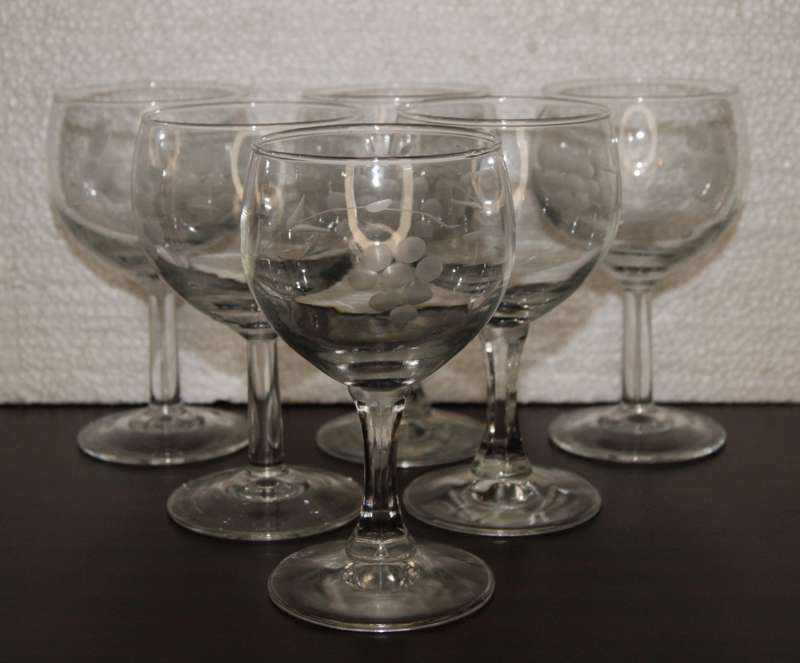 Set of 6 Hand Cut Grape Pattern Wine Glasses
