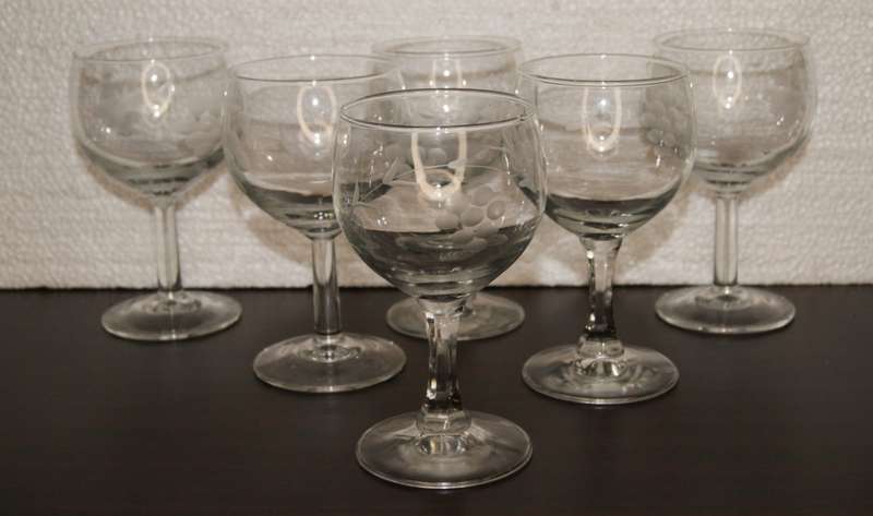 Set of 6 Hand Cut Grape Pattern Wine Glasses