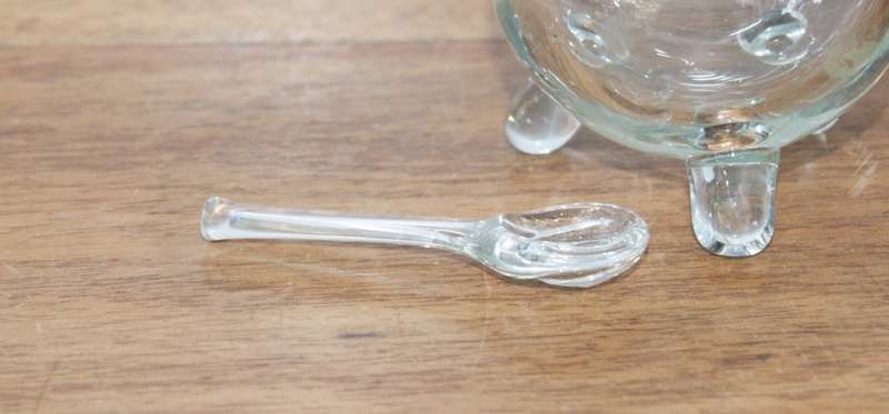 3 Legged Glass Sauce Dish with Glass Serving Spoon