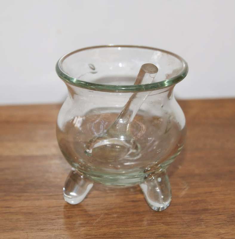 3 Legged Glass Sauce Dish with Glass Serving Spoon