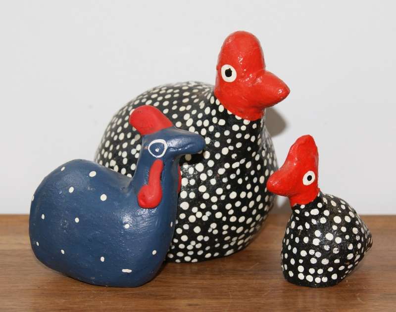 Lot of 3 Hand Made Hand Painted Stoneware Guineafowl