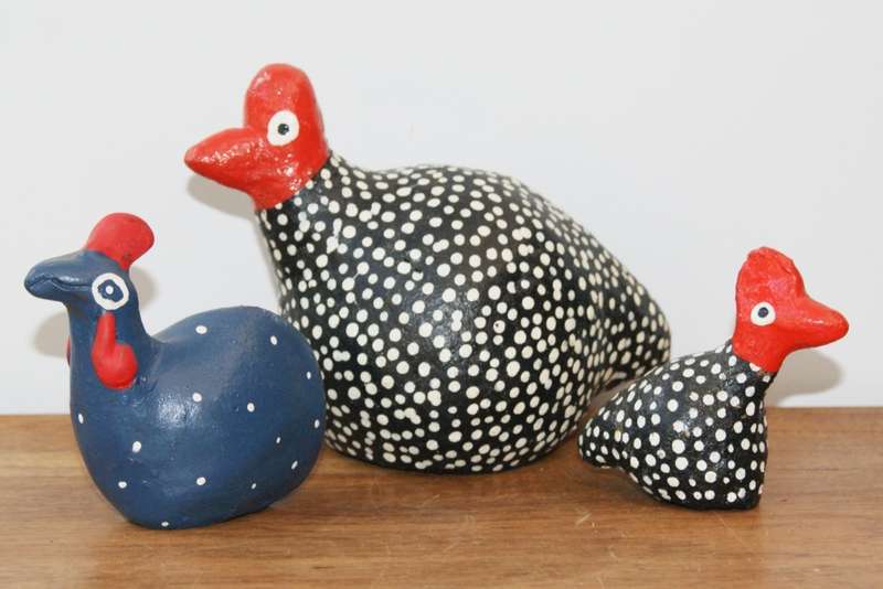 Lot of 3 Hand Made Hand Painted Stoneware Guineafowl
