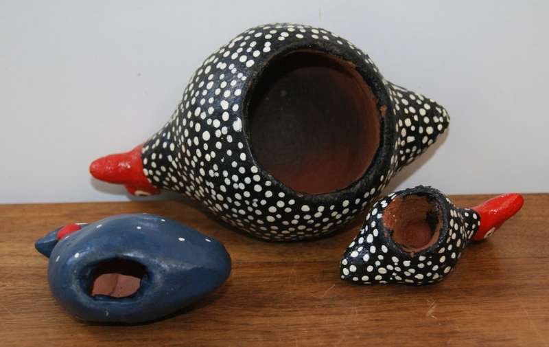 Lot of 3 Hand Made Hand Painted Stoneware Guineafowl