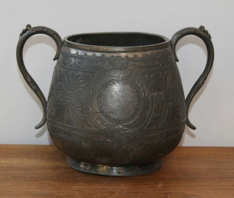 Antique Engraved Pewter Double Handled Sugar Bowl