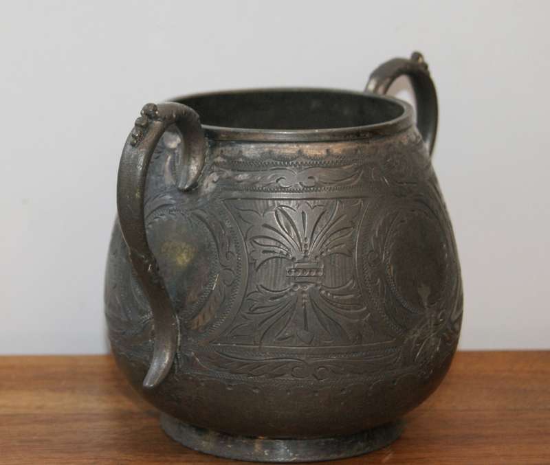 Antique Engraved Pewter Double Handled Sugar Bowl